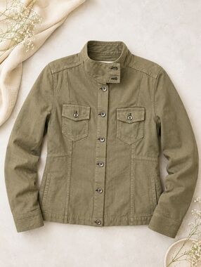 Ann Taylor Olive Green Cotton Military Jacket Medium Button Front